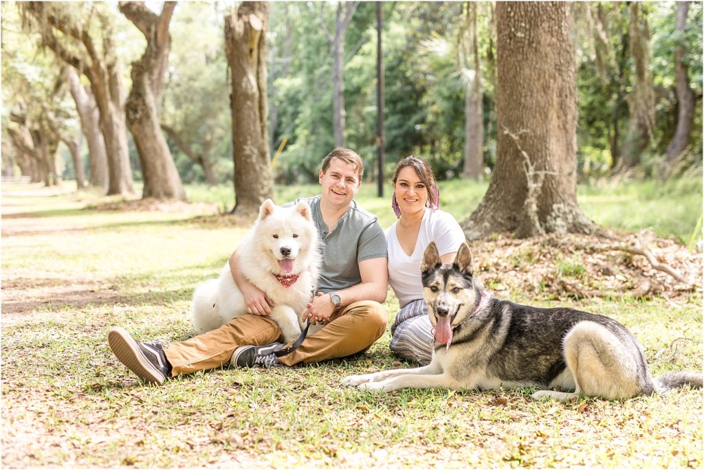 Husband and wife are sitting with dogs in an open field with large trees in the background. Wife is wearing a short sleeve white shirt and a multi-colored striped pants. Husband is wearing a sage green short sleeve shirt and brown pants.
