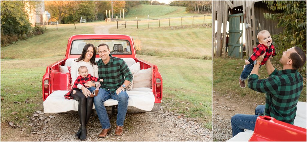 Family of 3 with vintage red truck. Mom is wearing long sleeve white sweater and leather black leggings. Son is wearing a red black and red buffalo plaid shirt and blue jeans. Dad is wearing a green and black buffalo plaid shrit and blue jeans. 