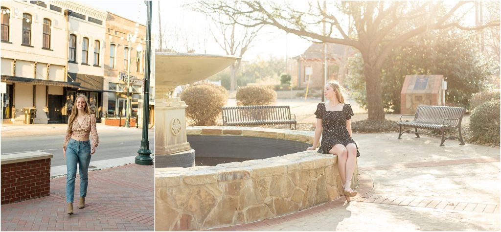 The client is seated on fountain and she is wearing a short flutter sleeve black dress. 