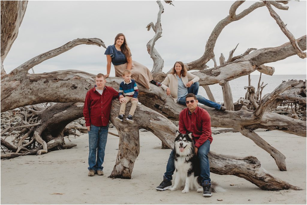 Family of 5 sitting on a huge fallen tree on the beach. Kelsey is sitting on top of part of the trunk. She is wearing a long taupe pleated skirt and a denim flutter sleeve shirt. Her mom is wearing blue jeans, a blue shirt, and a cream cardigan. Brother is wearing a red long sleeve button-up shirt with blue jeans. The little boy is wearing a blue white and red striped long-sleeve shirt and khaki pants. Seated on the beach as well is a black and white dog. 