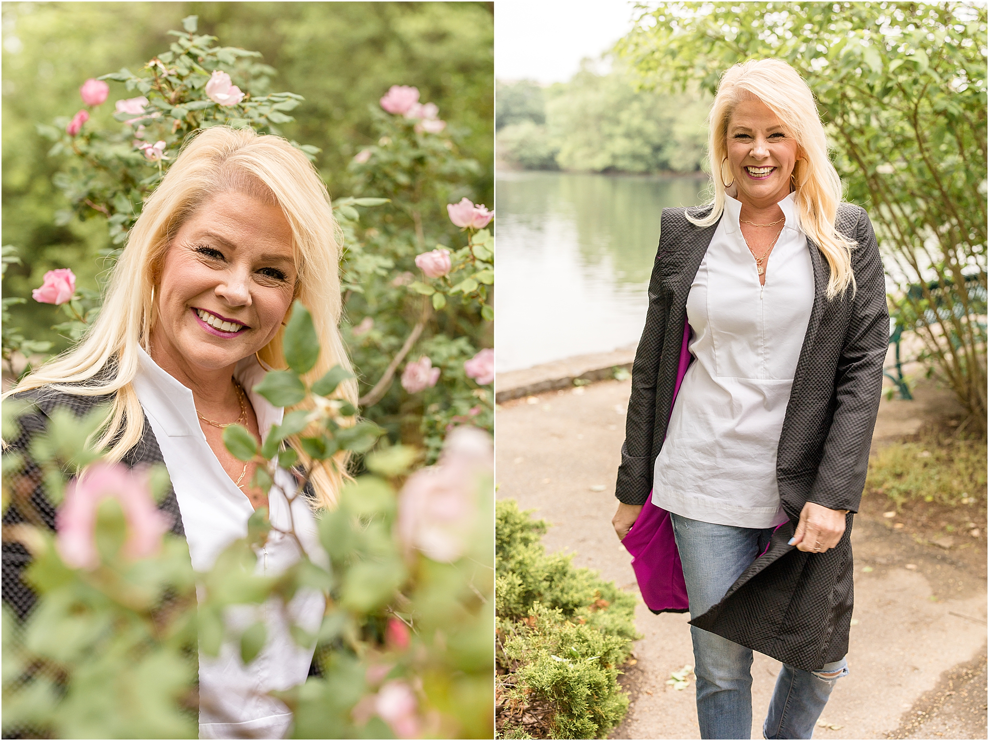 The client is standing on the walkway in front of the pond with beautiful flowering trees. She is dressed in a white shirt, blue jeans, and a long black jacket lined in hot pink.