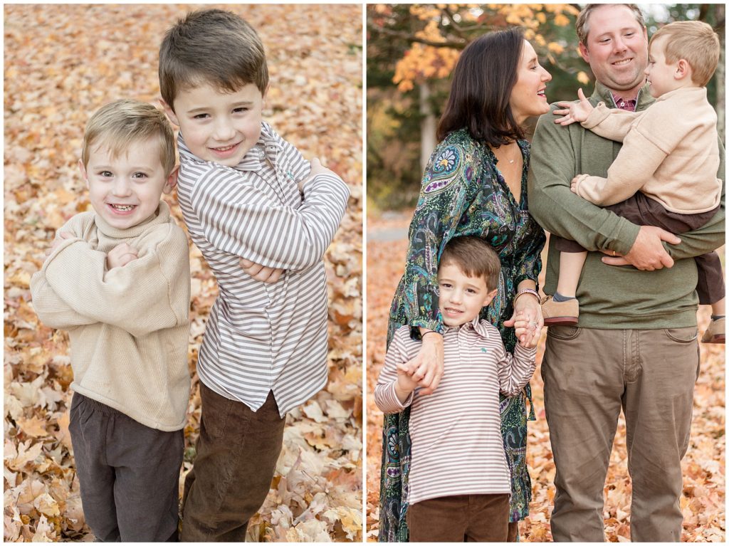 Family of 4 wearing shades of green and tan pose in front of a pile of autumn leaves during fall family photo session.