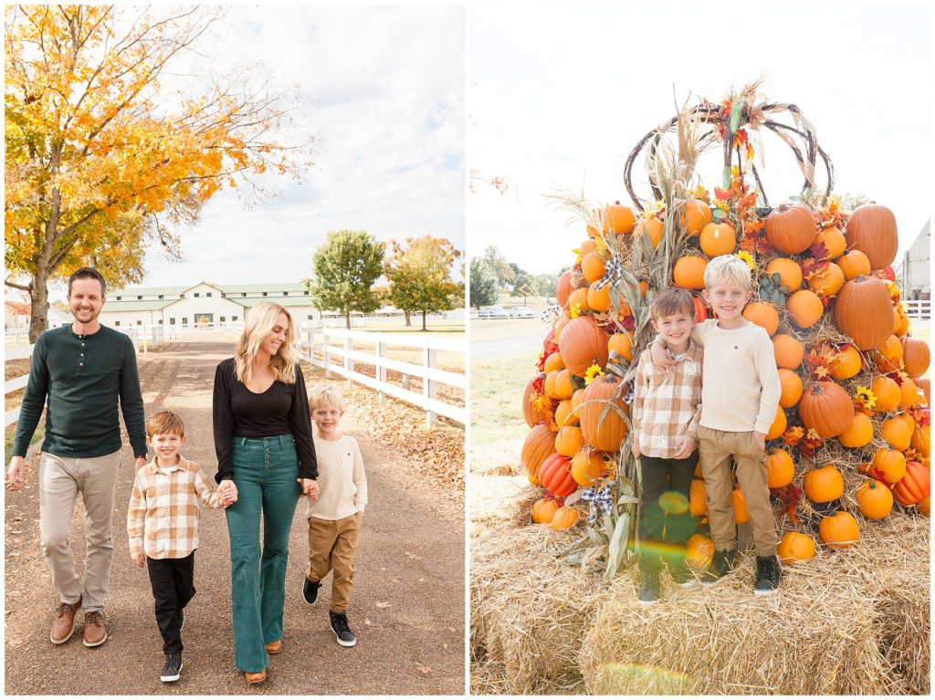 Family of 4 hold hands during fall photo session in front of pumpkins at Harlinsdale Farm Franklin, TN. 