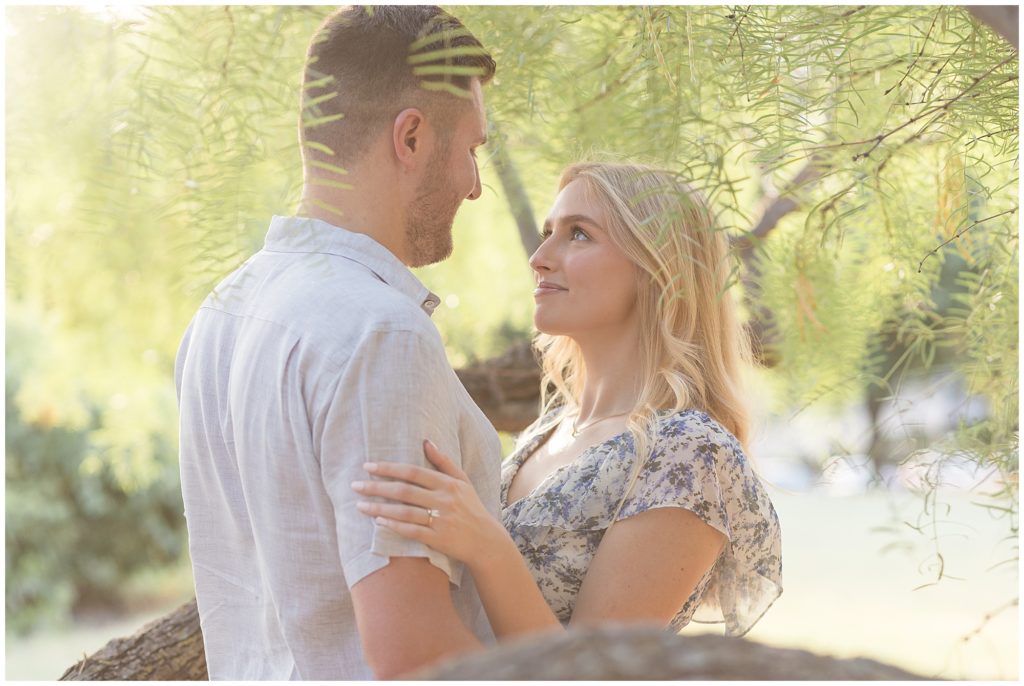 Engaged couple look longingly into each other's eyes under tree with sunlight peeking through in this photo session in Frisco, TX. 