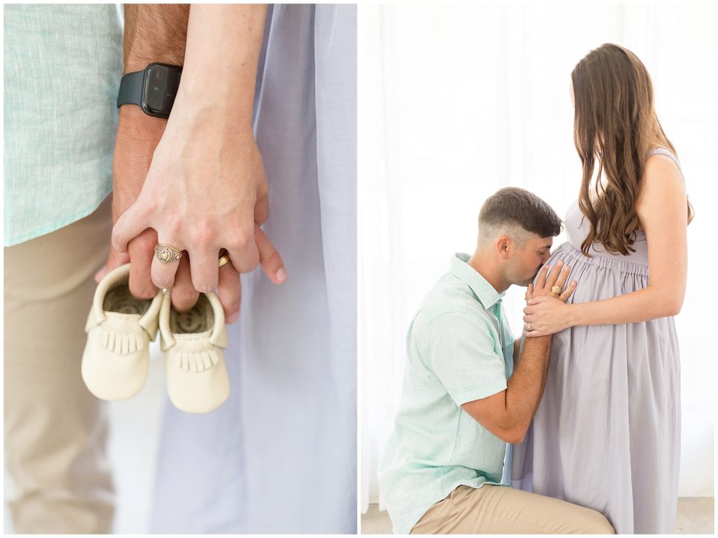 Husband kisses pregnant wife's belly during Lemon Drop Studio maternity shoot in McKinney, TX.
