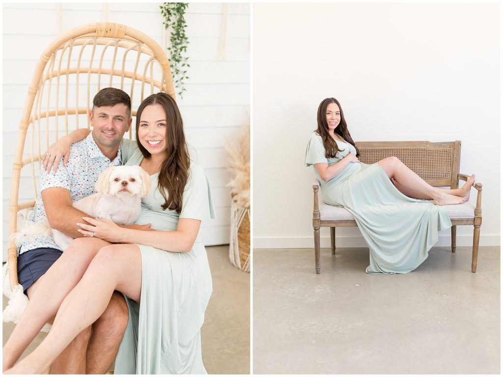 Husband and wife sit on wicker chair with dog during maternity shoot in McKinney, TX at Lemon Drop Studio.