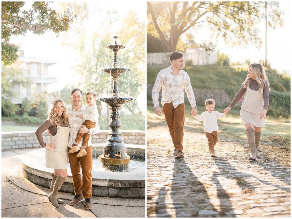 Family of 3 pose in front of water fountain and white historic home in Libby Hill. Mom and Dad hold son's hands and walk on cobblestone sidewalk in Richmond, VA during family photo session with Wisp + Willow Photography Co. 