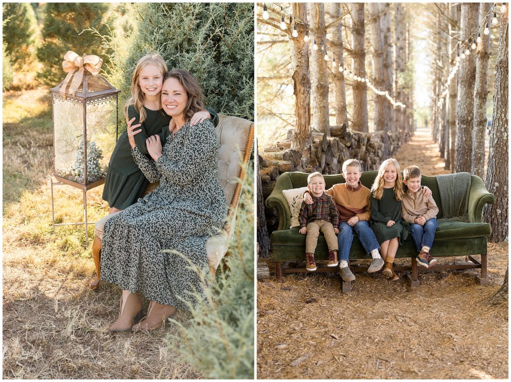 Mom sits in grey velvet chair with daughter in green dress hugging her during outside family session. 4 kids sit on green velvet couch in pathway lined by trees and Christmas lights during session with Wisp + Willow Family Photography Team.