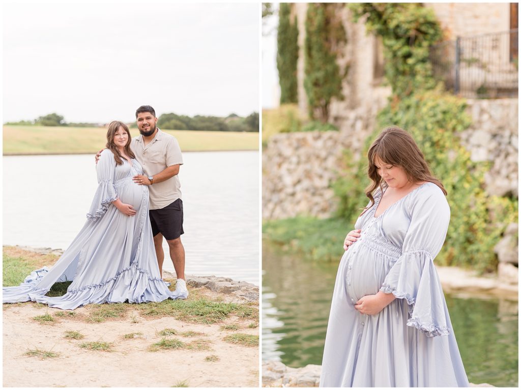 Wife in light blue dress and husband in tan button down stand in front of lake during maternity session with Wisp + Willow Photography Co at Adriatica Village. 