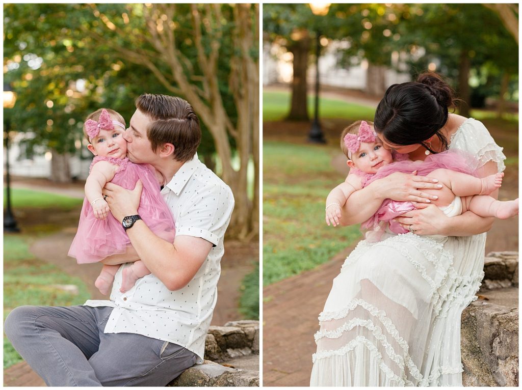 mom and dad both wear white holding their 7 month old baby girl in the historic oak view park.  click the link to see this blue eyed baby live on the blog now!
