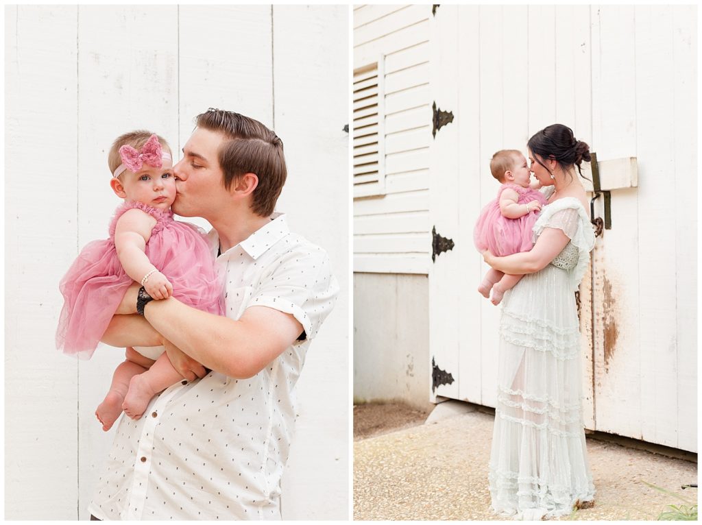 Mom and Dad give baby girl kisses during their family portrait session in raleigh, north carolina taken by Wisp + Willow Photography co at the historic oak view park.  Click the blog to see more now!
