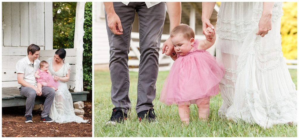 7 month old baby walks stands in grass and puts fingers in mouth during new family portrait session taken by Wisp + Willow Photography Co. in Raleigh, NC.