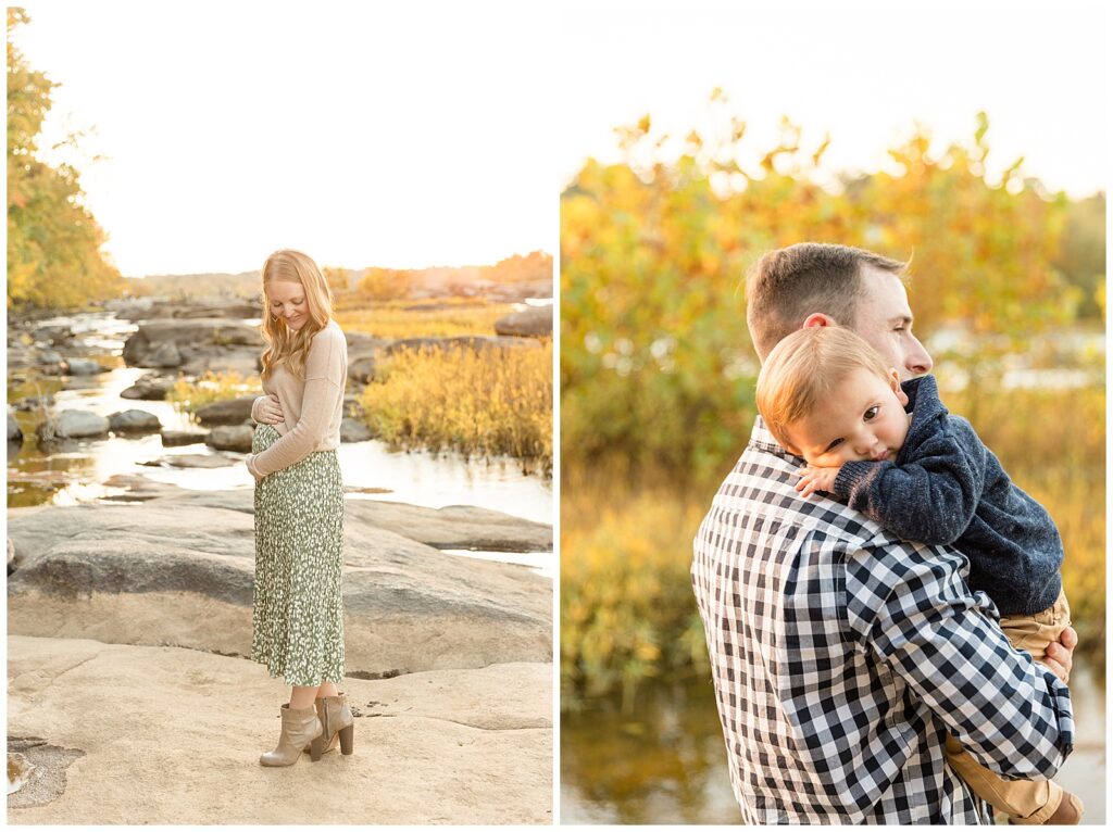 Maternity photography session with Richmond family photographer, Wisp + Willow Photography Co., captures soon-to-be momma of 2 standing on rocks of Belle Isle and then Dad holds toddler son as he sleepily rests his cheek on Dad's shoulder.