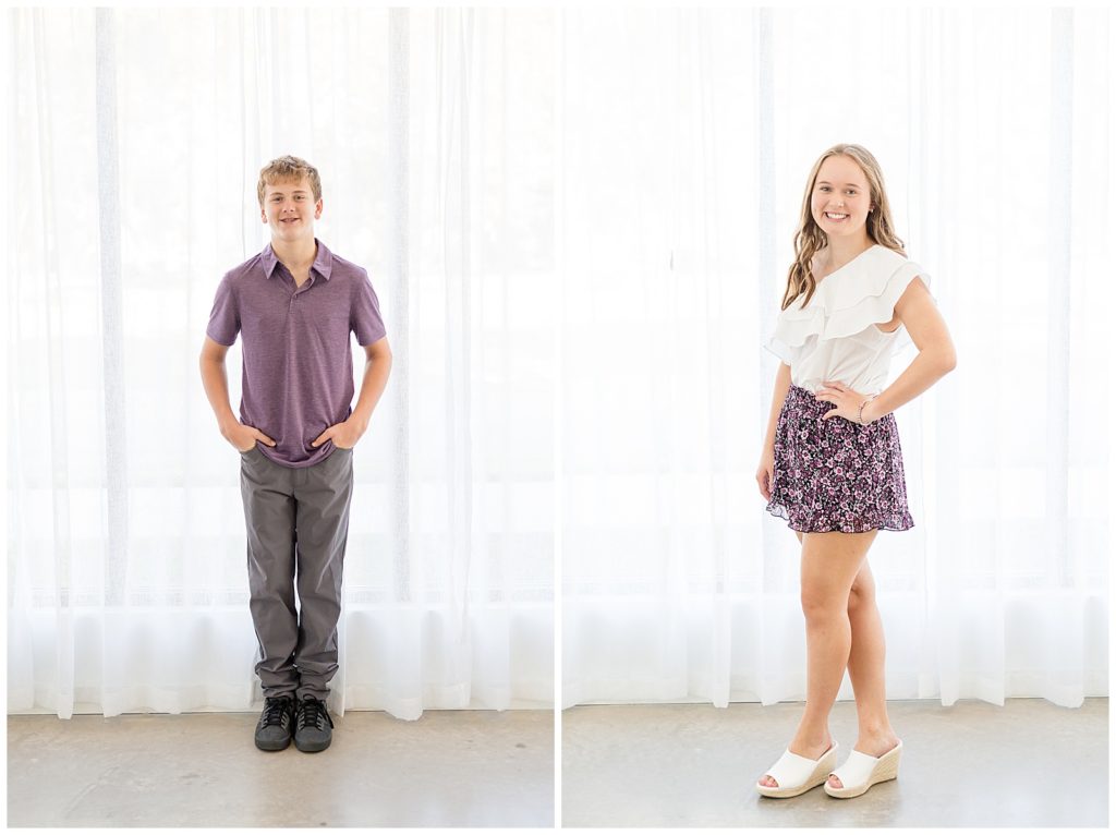 Individual pictures of daughter and son wear coordinating colors of purple, white and grey standing in front of white sheer curtain at Lemon Drop Studios in McKinney, TX.
