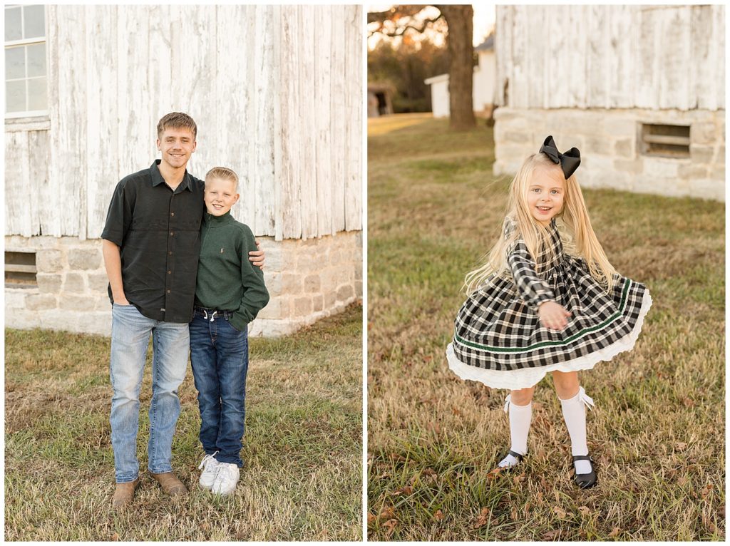 Family portrait session in Nashville, TN with little girl twirling in black and white checkered dress and mary jane shoes and black bow.  Boys wear black button shirt and green collared shirt with blue jeans.