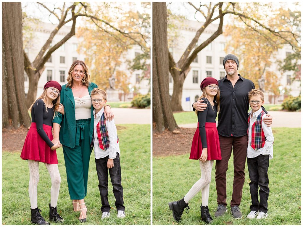 Mom and Dad both take a picture with their daughter and son in bright red pops of colors for their family mini session in downtown Raleigh, NC.
