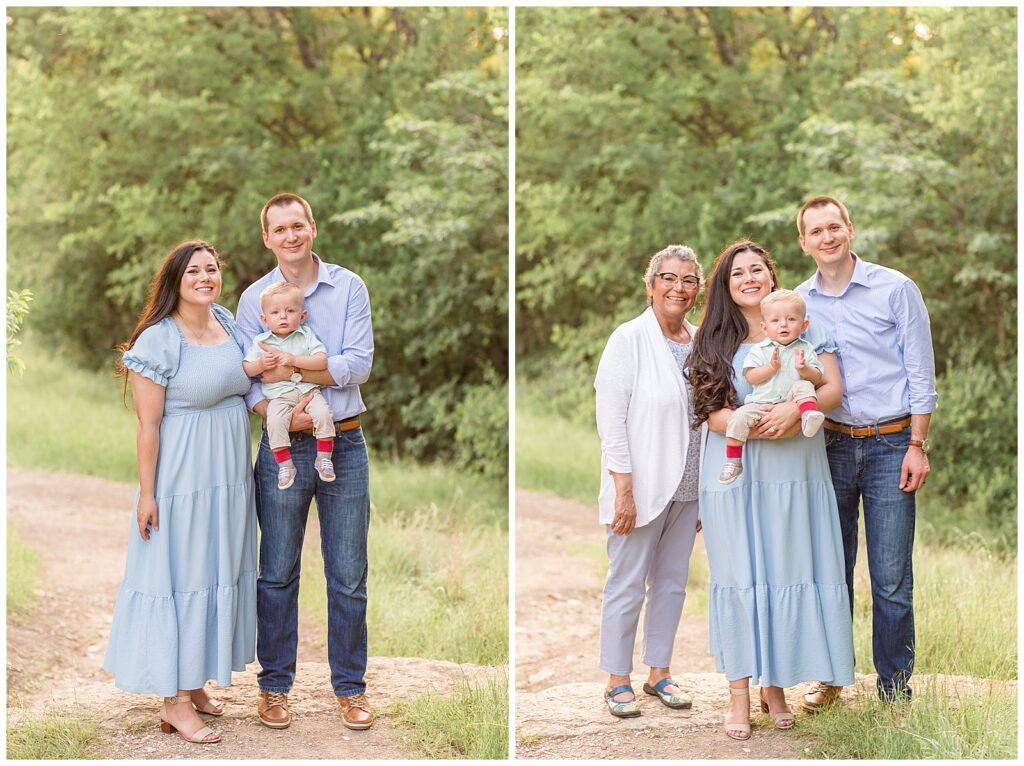 Plano family photographer, Wisp + Willow Photography Co. capture family photographer session at Arbor Hills Nature Preserve.  The family coordinates outfits wearing blue, white, and a pop of green from 1 year old boy.