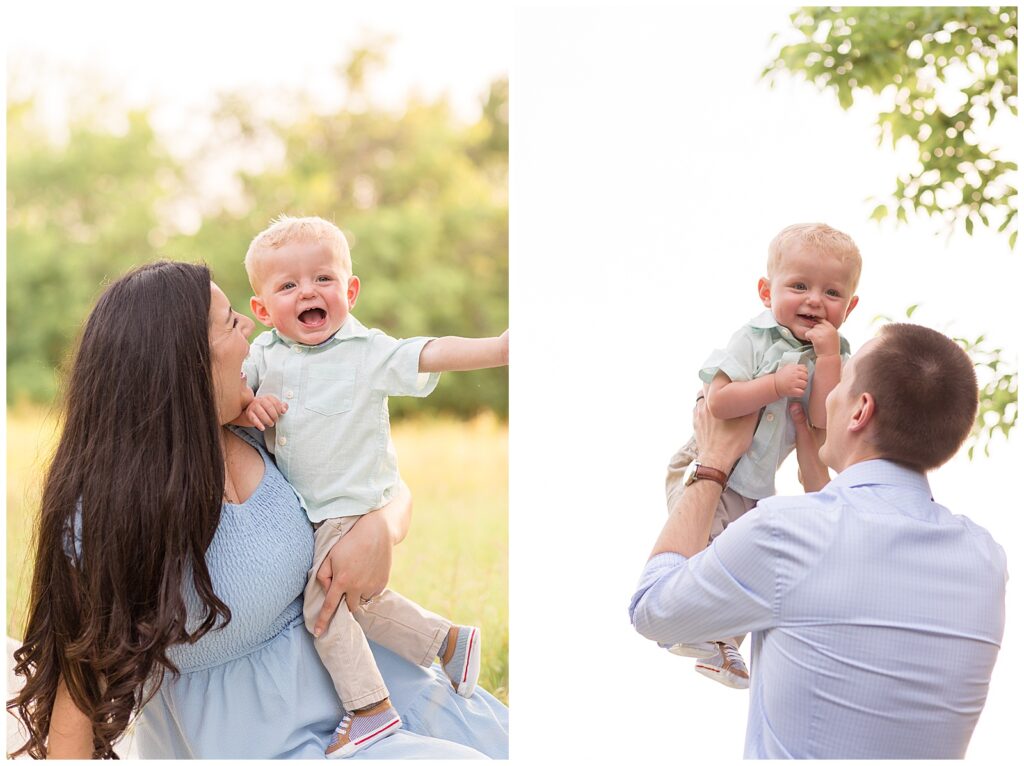 Two separate pictures taken by Plano family photographer, Wisp + Willow Photography Co.  Mom holds sold on hip as she sits in field and she laughs at him as he laughs off past the camera at Dad who is making him laugh!  Dad holds up son in air to try and get a smile during photography family session.