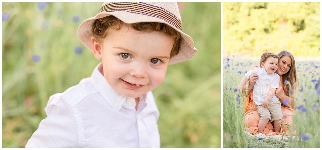 Cute little boy wears hat for his little boy portrait in natural light family photography session.  Mom tickles little boy wearing a white shirt and khaki pants as he laughs at Texas family photographer, Wisp + Willow Photography Co.
