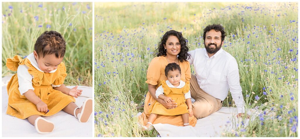 Mom and Dad smile with baby daughter for their family portraits as mom and daughter match in mustard yellow and dad wears white shirt and khaki pants.