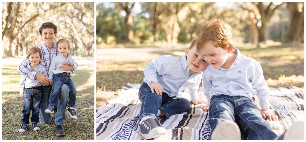 Brothers coordinate outfits in jeans and blue shirts during their fall mini session at Wormsloe.