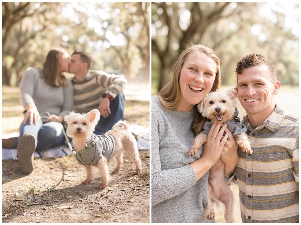 Couple takes a picture with their terrier dog during fall family portrait mini session with Wisp + Willow Photography Co. in Savannah, GA.