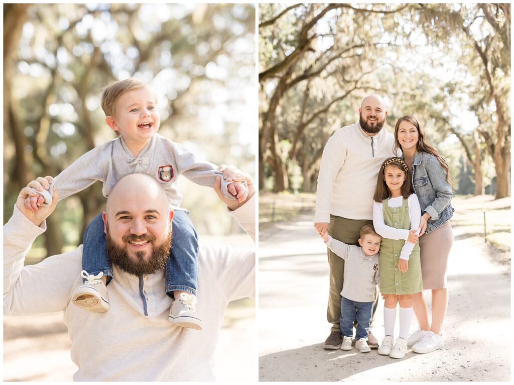 Dad holds toddler son on shoulders wearing coordinating neutral shirts.  Mom and dad smile at camera with daughter and toddler son during their fall mini session with Wisp + Willow Photography Co. 