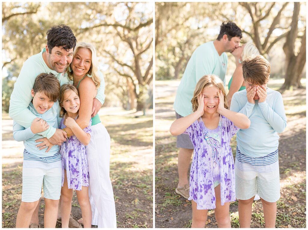 Beachy family wear bathing suits for their fall family photography session at Wormsloe in Savannah, GA.