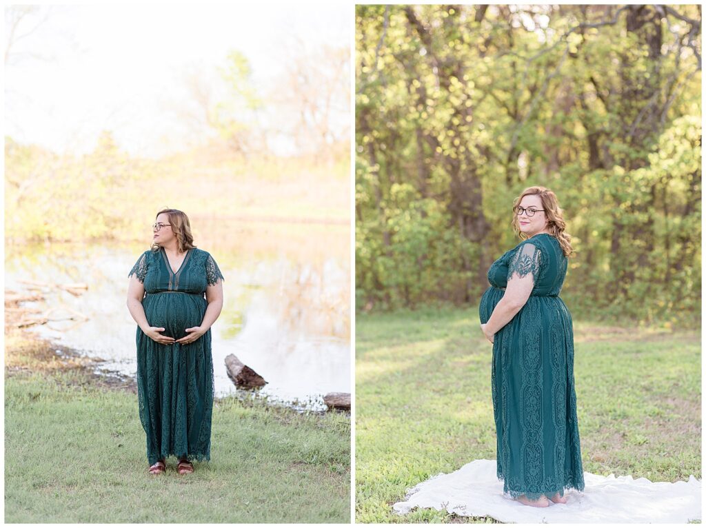 Maternity portait session captured by McKinney, TX photographer, Wisp + Willow Photography Co. captures two portraits of pregnant mom in her emerald green, lace dress at Erwin Park.