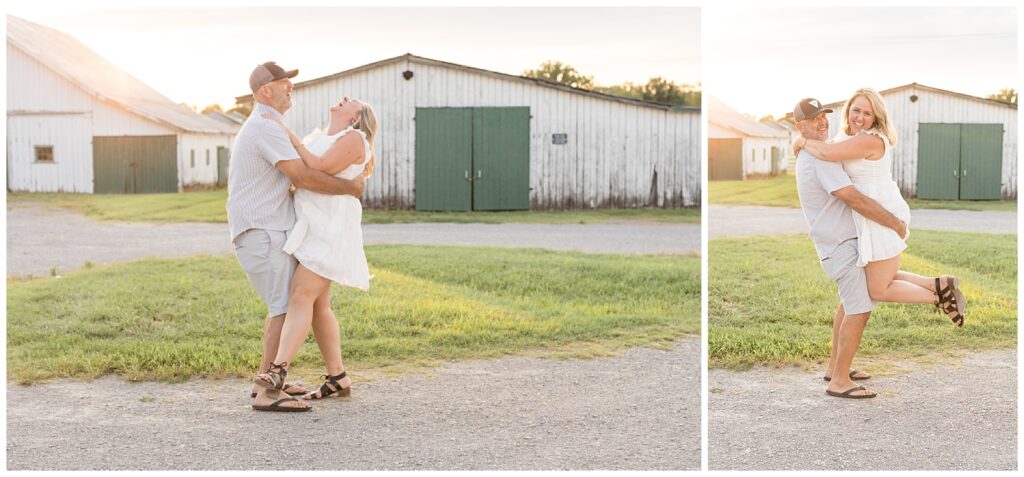 Husband and wife take a minute to laugh with each other as husband picks up wife during their family session at Harlinsdale Farm in Tennesse.  Check out the blog for more now!