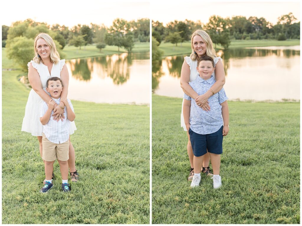 Mom takes a picture with each son during their Franklin family session at Harlinsdale Farm.  They stand on the grass in front of the pond.