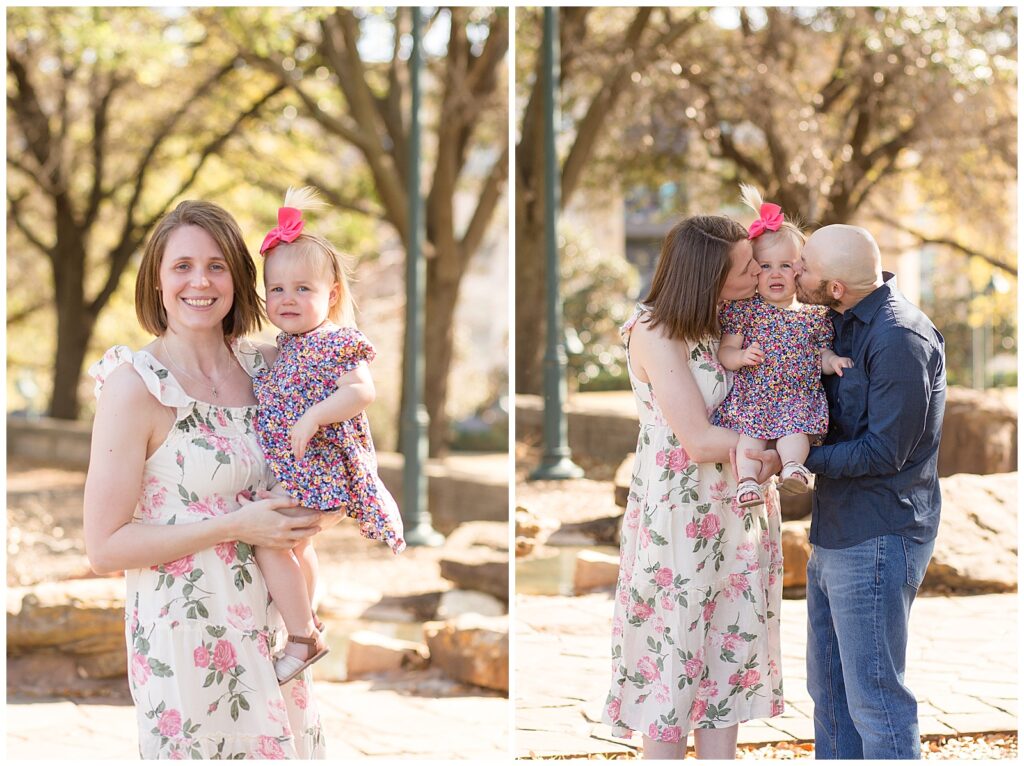 Toddler girl warms up to family photography session in Frisco, TX as her mom holds her in one image and then Mom and Dad kiss her cheeks in the 2nd image.