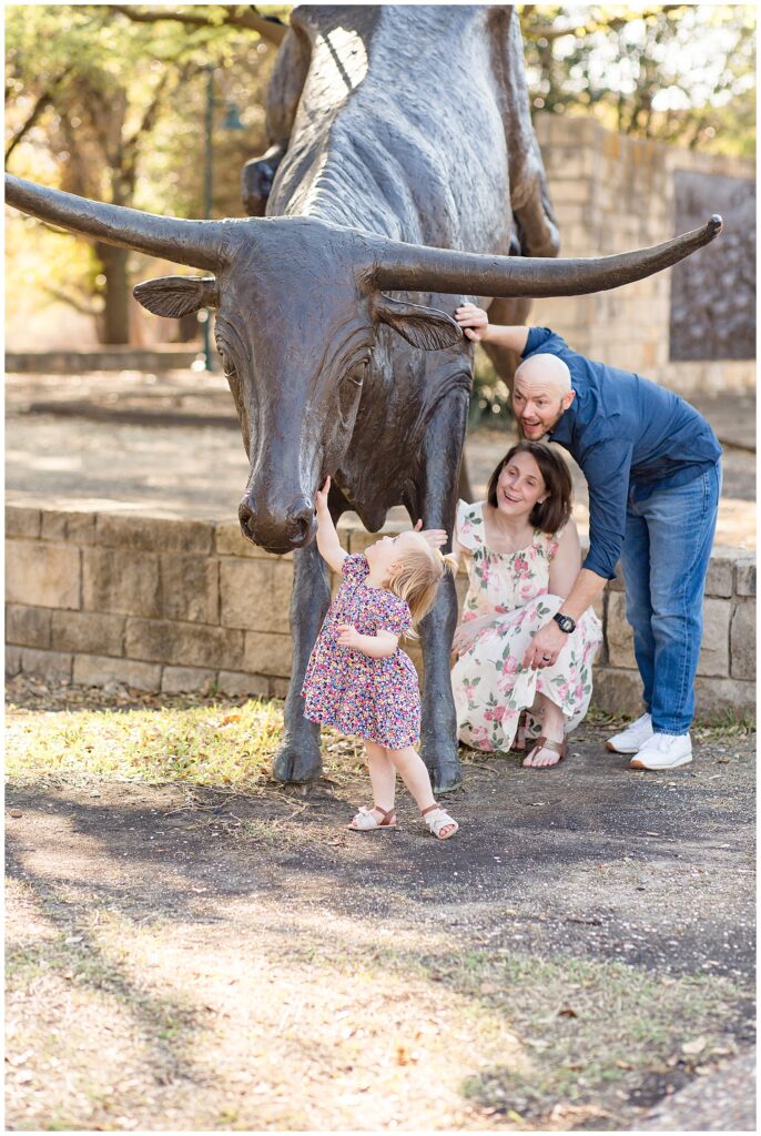 Family of 3 find a statue of a bull at Frisco Central Park in TX and toddler girl looks to pet the bull as mom and dad look on.
