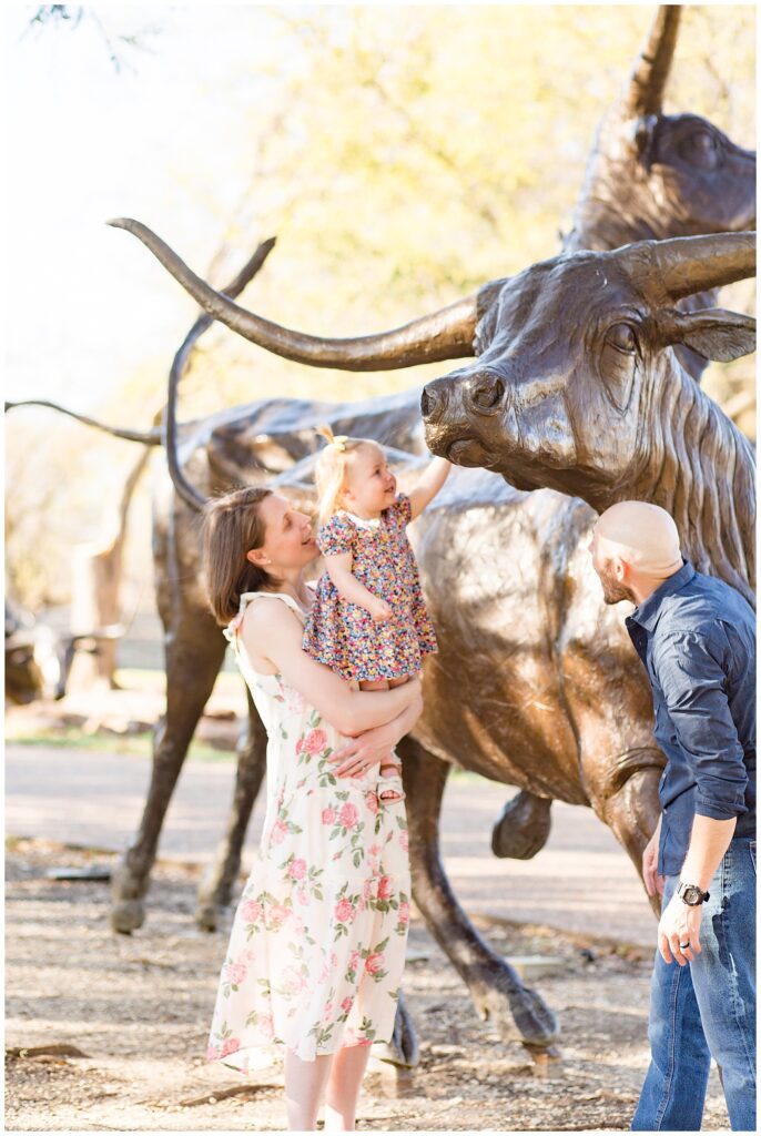 Statue of a bull stands in Frisco Central Park during a family photography session that has a toddler girl petting the statue and Mom and Dad smile on.