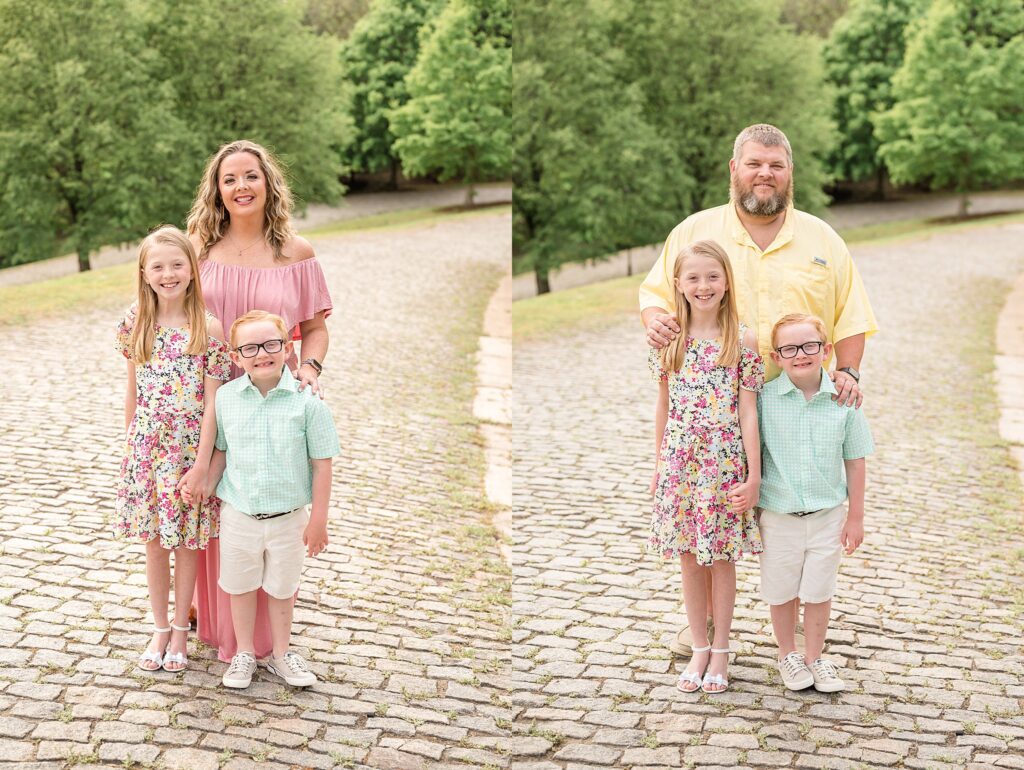 Mom and Dad both take an individual picture with their daughter and son as they stand behind their children and smile at the camera of Wisp + Willow Photography Co.