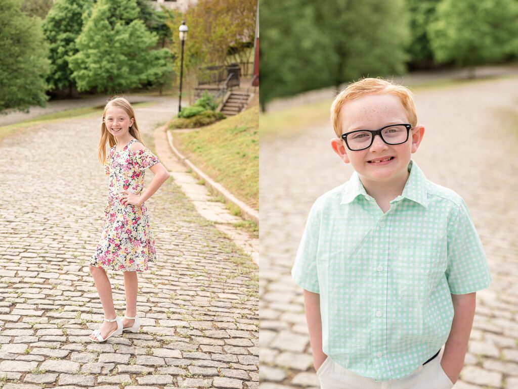 Individual pictures taken of each child during their family photography session has a young boy who wears glasses wearing a mint and white button down shirt and the daughter wears white sandals and a floral, spring dress as they both stand on the cobblestone street of Libby Hill Park in Richmond, VA.