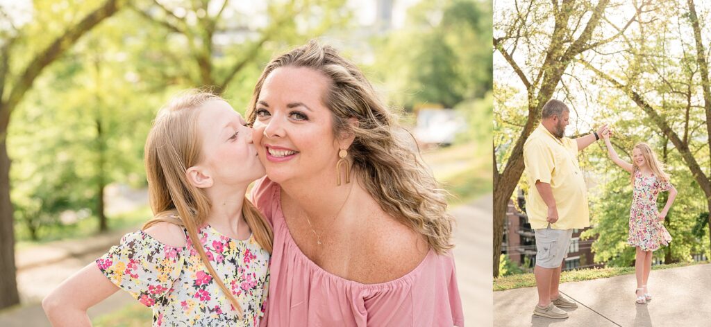 Daughter kisses Mom's cheek as Mom smiles at the camera wearing a pink, off the shoulder dress.  The other image shows Dad twirling his daughter during their family photography session at Libby Hill park in Richmond, Va.