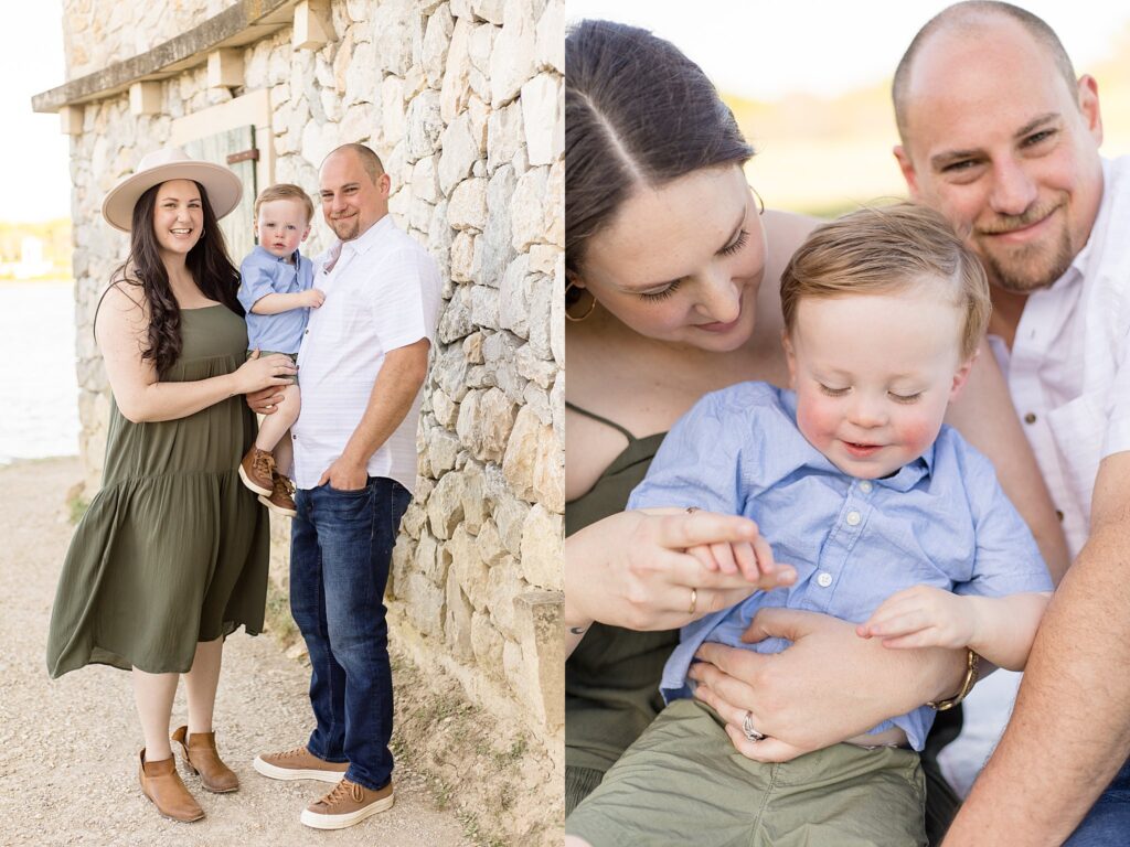 Parents and toddler boy smile and have fun together during their family photography session with Wisp + Willow Photography Co. at Adriatica Village.