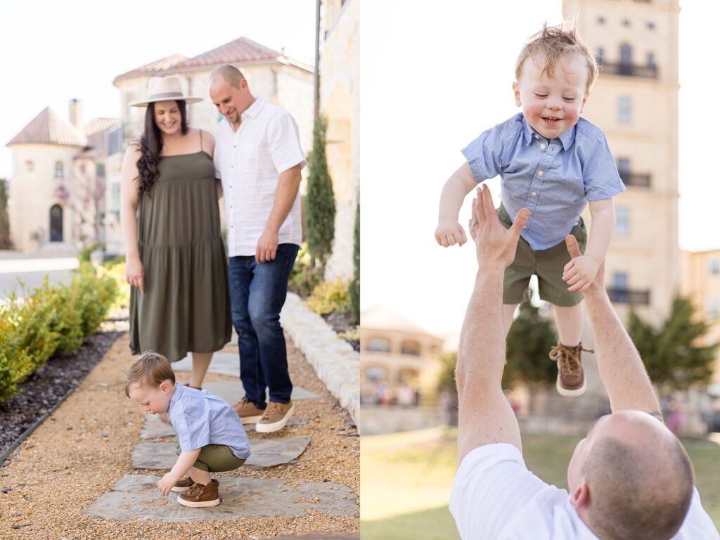 Toddler son is in his element picking up rocks and being thrown in the air by Dad during their McKinney family photography session with Wisp + Willow Photography Co.