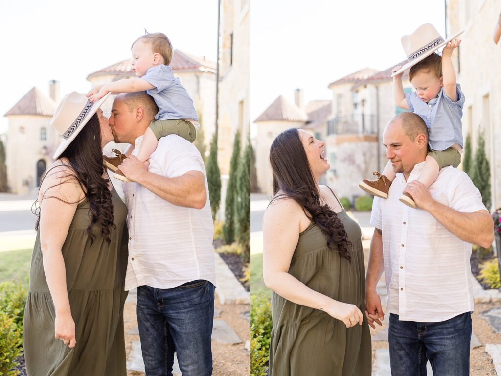 Mom wears a hat while their son sits on Dad's shoulders and reaches down to take the hat off Mom and put it on his own head.  See more from Wisp + Willow Photography Co. on the blog!