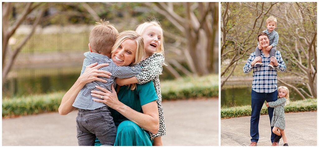 Family portrait session at Pullen Park in Raleigh, NC captures a moment with just mom and the kids and just dad with the kids.