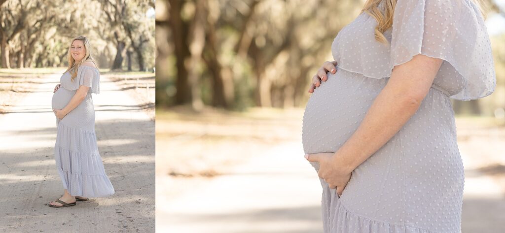 Soon-to-be mom holds baby belly as she wears an eyelet sheer grey dress for her maternity session in Savannah, GA with Wisp + Willow Photography Co.