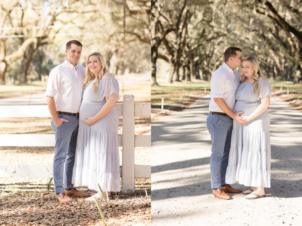 Soon-to-be parents smile at camera of Savannah maternity session with Wisp + Willow Photography Co. in Savannah, GA!  Dad kisses wife's head as they soak in the last moments before their baby boy is born.