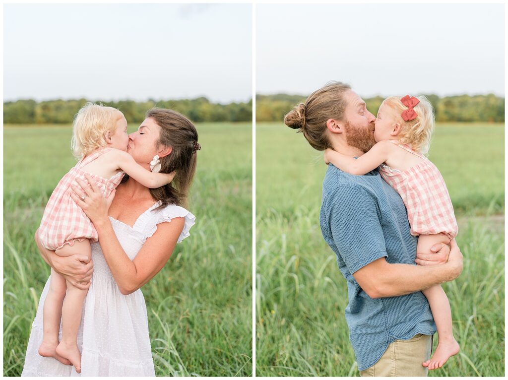 Two images, one with mom and daughter and the other with dad and daughter has little girl wearing a pink and white plaid romper giving her parents the biggest kiss!