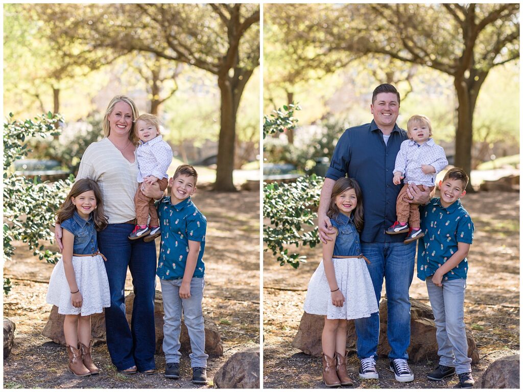 Wisp + Willow Photography Co. capture two different images during their Frisco family session.  One image is mom with her 2 sons and 1 daughter and then the next image is of Dad with his 3 kids.
