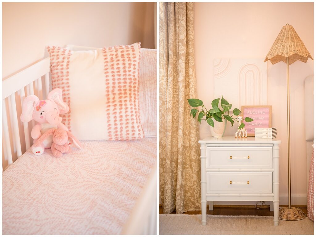Detailed nursery images of Richmond Lifestyle Newborn session showcase new baby girl's room.  One image has a closeup of a pink stuffed elephant and bunny animal, a pillow, and textured crib sheet.  The other image shows a white, two drawer bedside table that has Sofie the Giraffe chew toy, stack of Peter Rabbit books, a name board, and a rattan lamp.