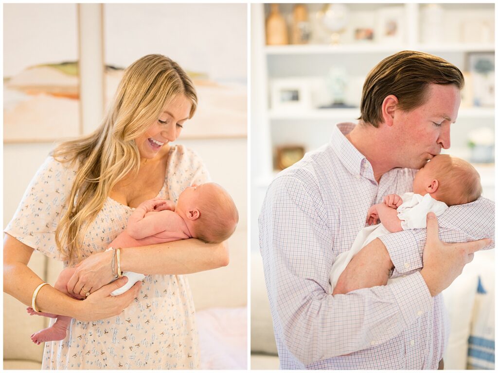 Lifestyle newborn session in Richmond has two images side by side- one of mom holding her new baby girl as she smiles down at her and the other image of dad holding his baby girl and bringing her up close to his face to give her a kiss on her forehead.