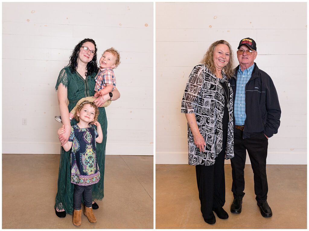 Two images are shown.  One image shows a mom wearing a long, green, lace dress as she holds her toddler son on her hip who is cheesing for the camera.  Her daughter stands in front holding her hand and smiling at the camera of Wisp + Willow Photography Co.  Other images shows older couple who stand together as they smile at the camera of Wisp + Willow Photography Co. 