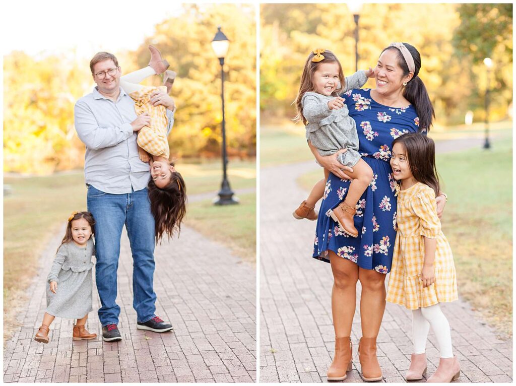 Two images side by side show Dad with his girls and then mom with her two daughters.  Dad stands and holds his oldest daughter upside down wearing a yellow and white plaid dress and the youngest holds his leg wearing a grey dress and boots and a yellow bow. Mom stands and looks at her youngest daughter who she is holding on her hip and her oldest daughter hugs her other side and laughs.  