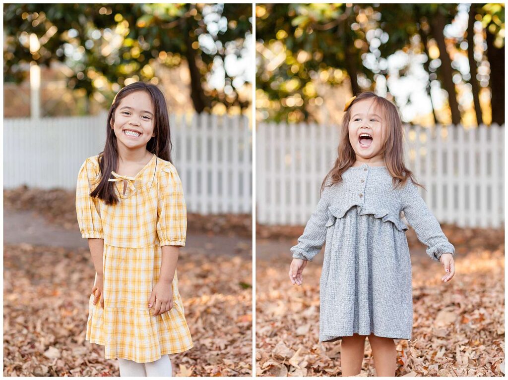 Two images side by side show two sisters individually standing in the fall leaves during their Raleigh fall family portrait session.  They coordinate wearing yellow and grey and stand in front of a white, picket fence at Oak View County Park.
